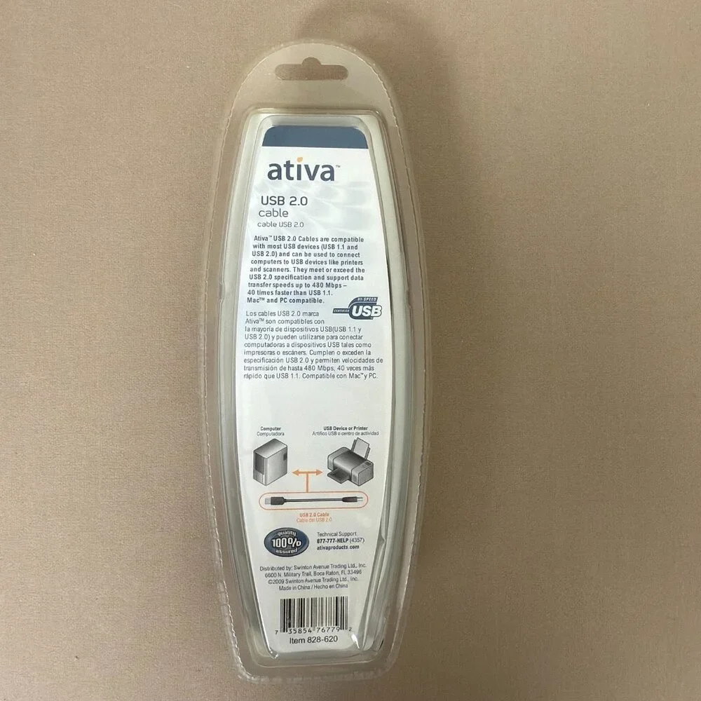 NEW Ativa USB 2.0 Cable 6ft, A to B Plug, Printer Scanner Cord, 480 Mbps